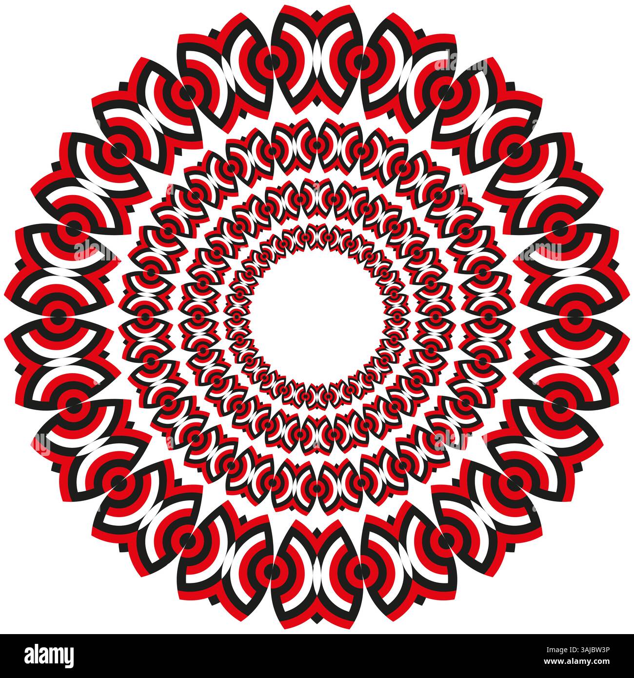 Radial pattern structure. Repeating red target. Circular decorative frame. Vector symmetry shape. Stock Vector