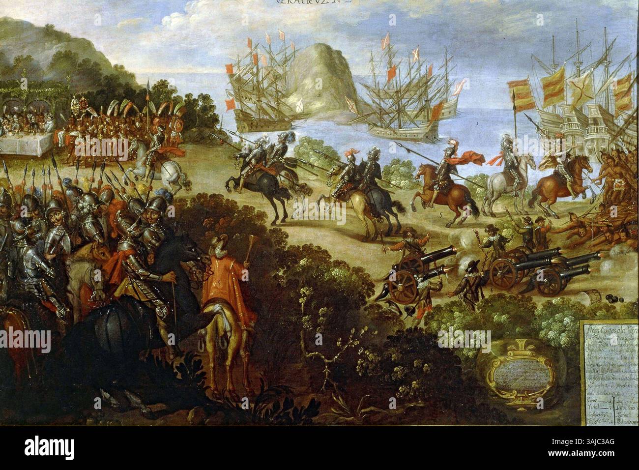 This 17th-century painting depicts the historic moment of Hernán Cortés's arrival in Veracruz and the reception by Moctezuma's ambassadors. It captures the significant event during the Spanish conquest of the Aztec Empire. Stock Photo