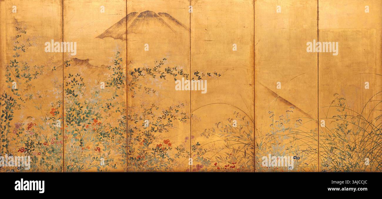 A 19th Century Japanese Rimpa School Screen Depicting Moon Over Plains of Musashino A 19th Century Japanese Rimpa School Screen Depicting Moon Over Plains of Musashino