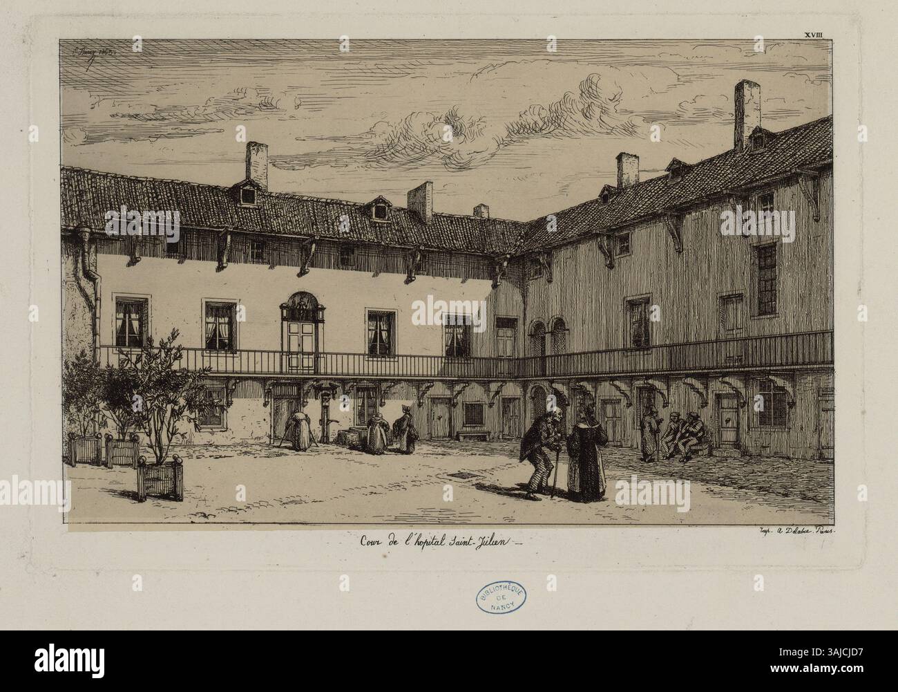 Print titled 'Cour de l'Hopital Saint-Julien' from 1863, showing the ...