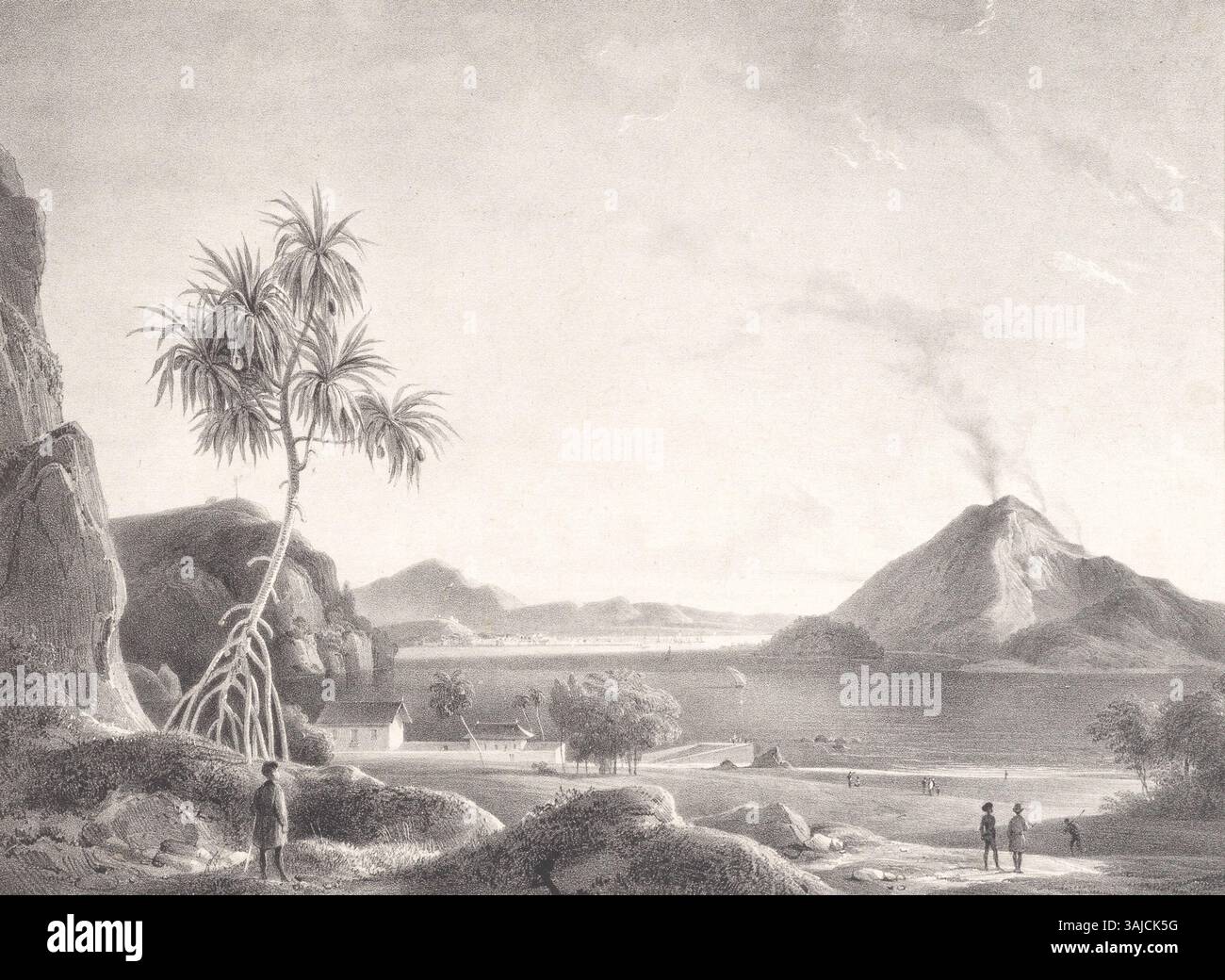 Lithograph from the 1830s depicting the Banda Islands with the smoking ...