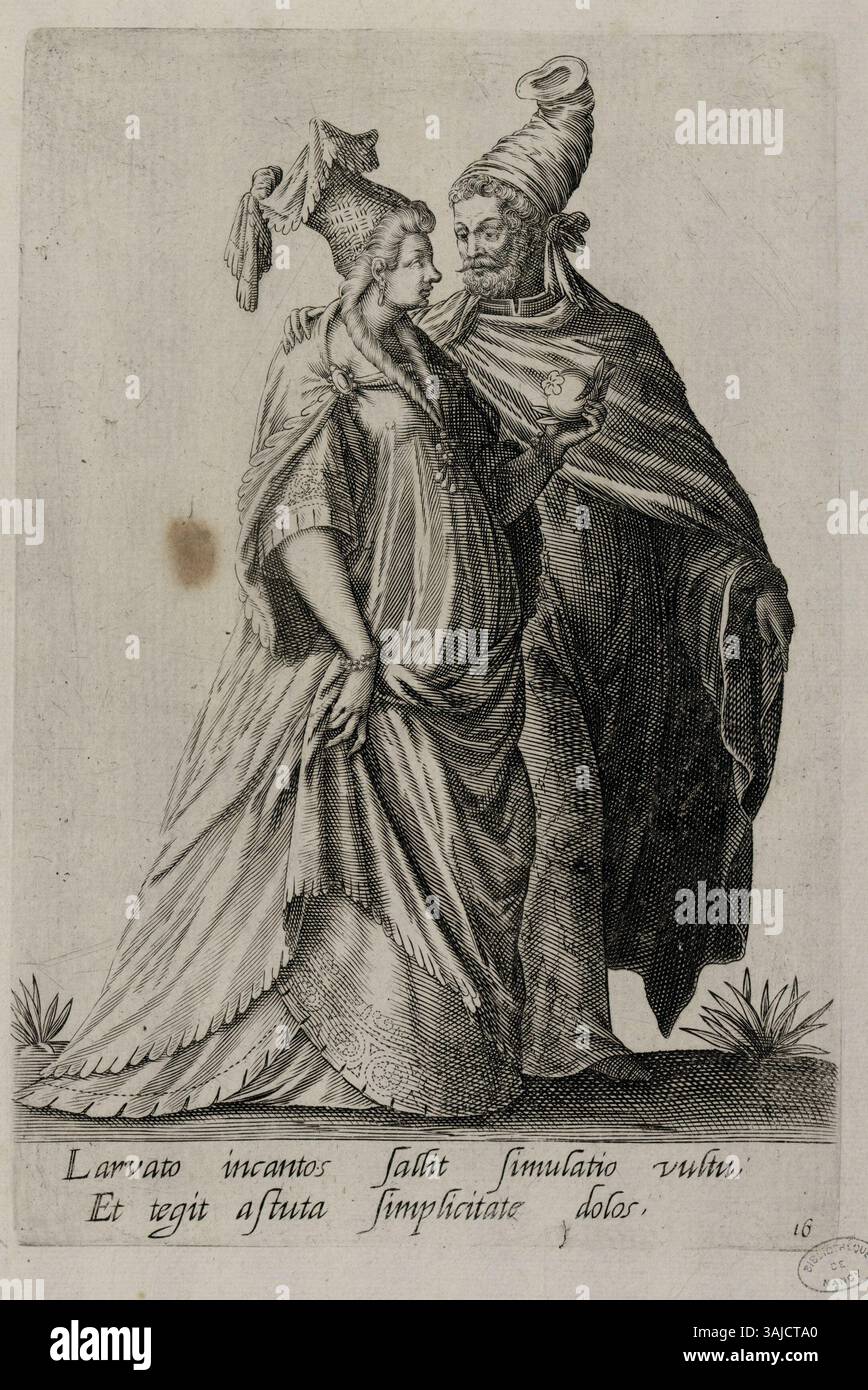 French Inscription Print from 1597 of a man and woman in costume, featuring a French ...
