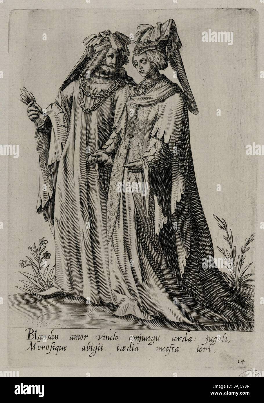 French Inscription Print from 1597 depicting a man and woman in costume, with a French ...