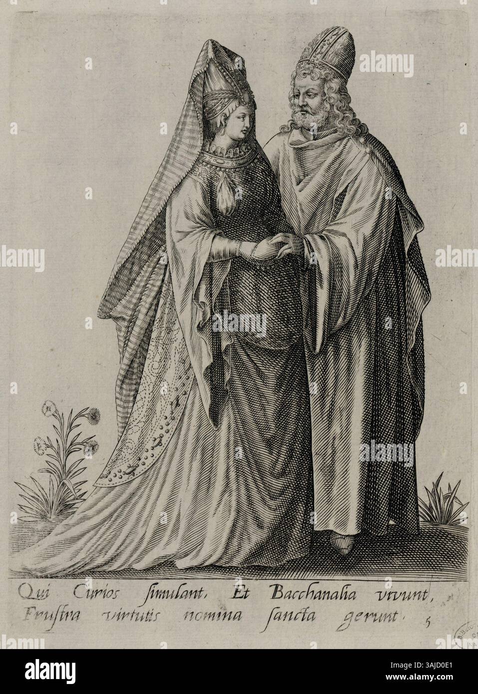 French Inscription A 1597 print featuring a man and woman in costume, with a French ...