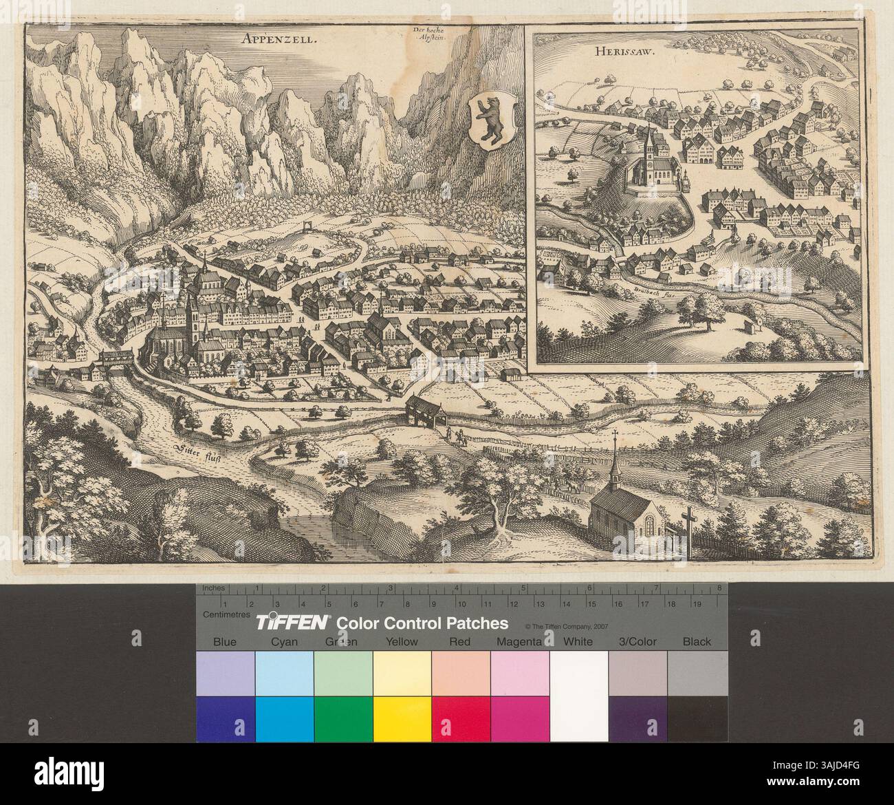 This etching of Appenzell Herissaw was created by Matthäus Merian and engraved by an anonymous artist. It was first published in 1641 in Johann Angelius von Werdenhagen's 'De rebus publicis Hanseaticis', later appearing in Martin Zeiller's 'Topographia Helvetiae' in 1642. Stock Photo