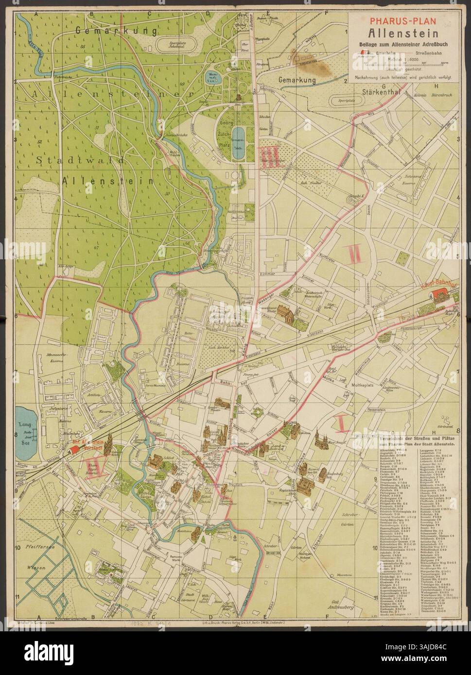 This 1925 tourist map of Olsztyn, published by Pharus-Verlag, provides ...