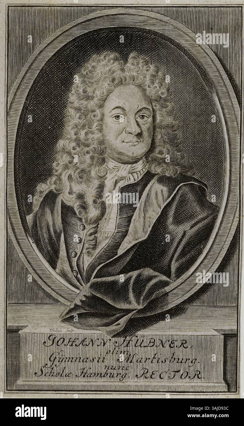 A copper engraving of Johann Hübner, depicting his role as an academic ...