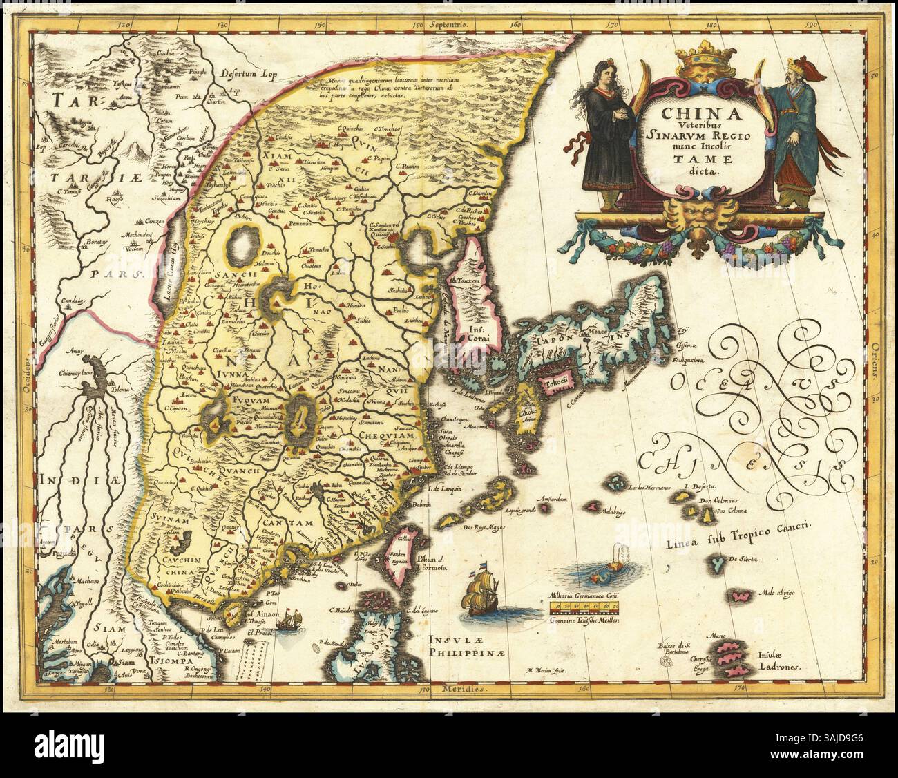 A 1636 map by Matthäus Merian depicting China, Japan, and Korea. This ...