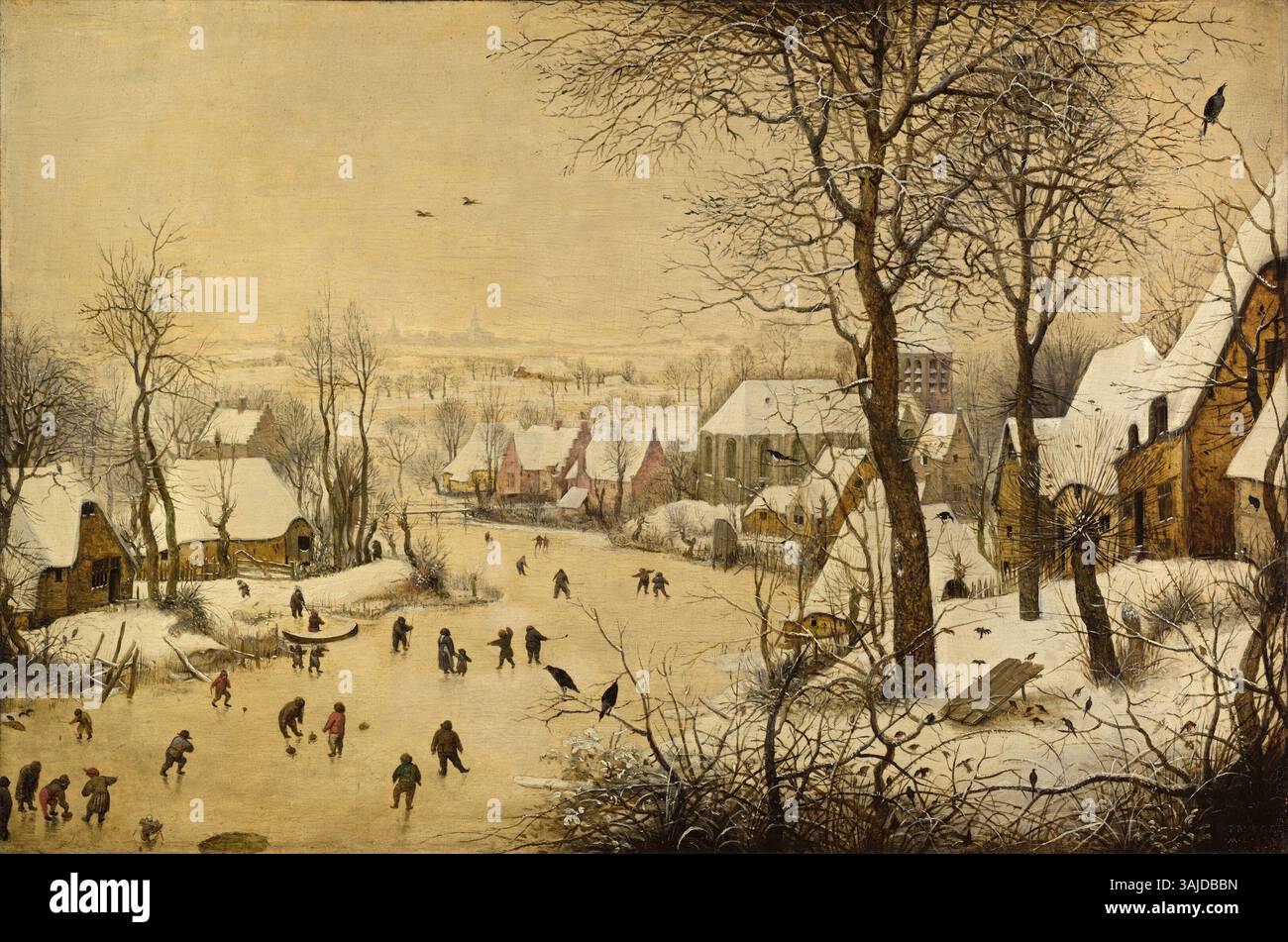 Winter landscape with skaters and a bird trap hi-res stock