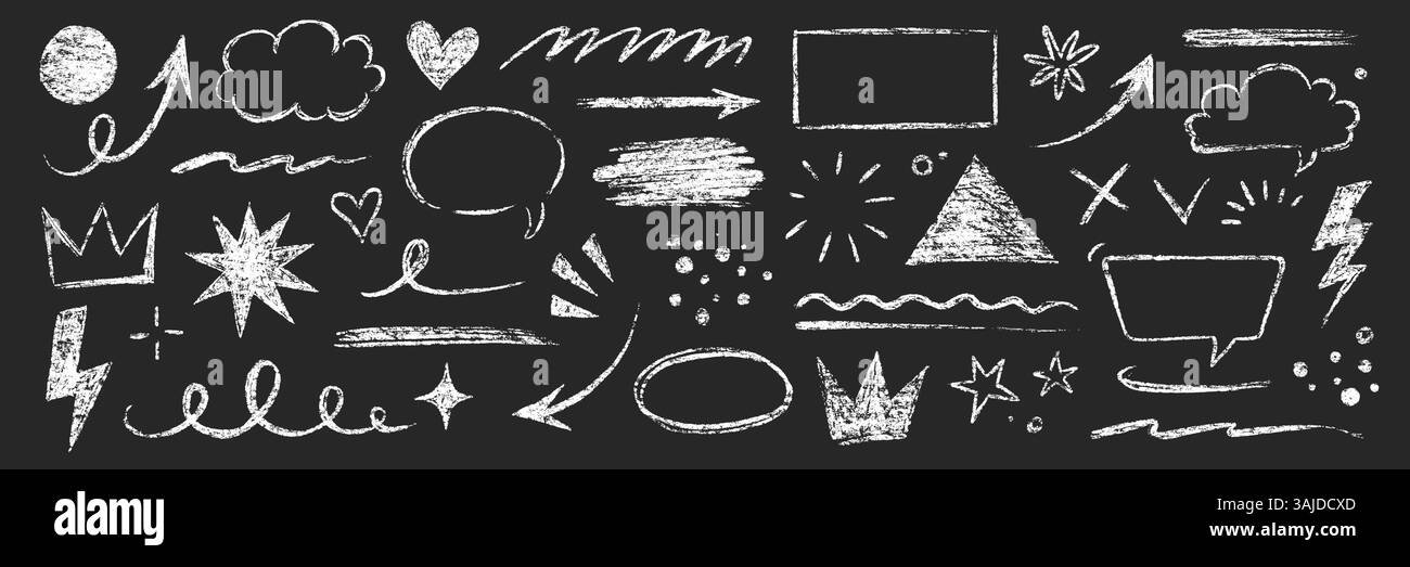 Arrow line chalk brush hand drawn sketch element set. Grunge square ...