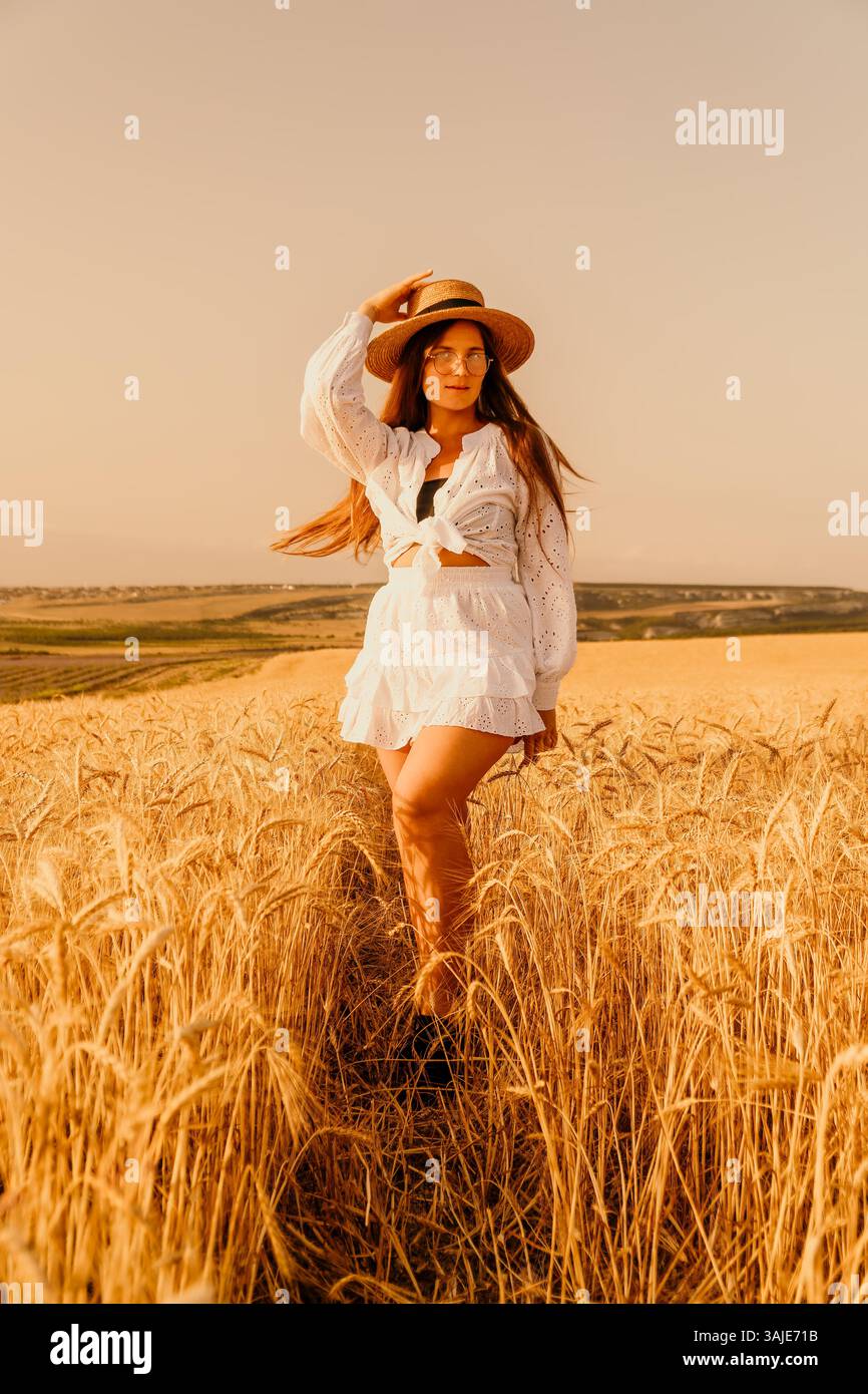 Woman Wheat Field Summer: Golden hour photoshoot, model in white dress ...