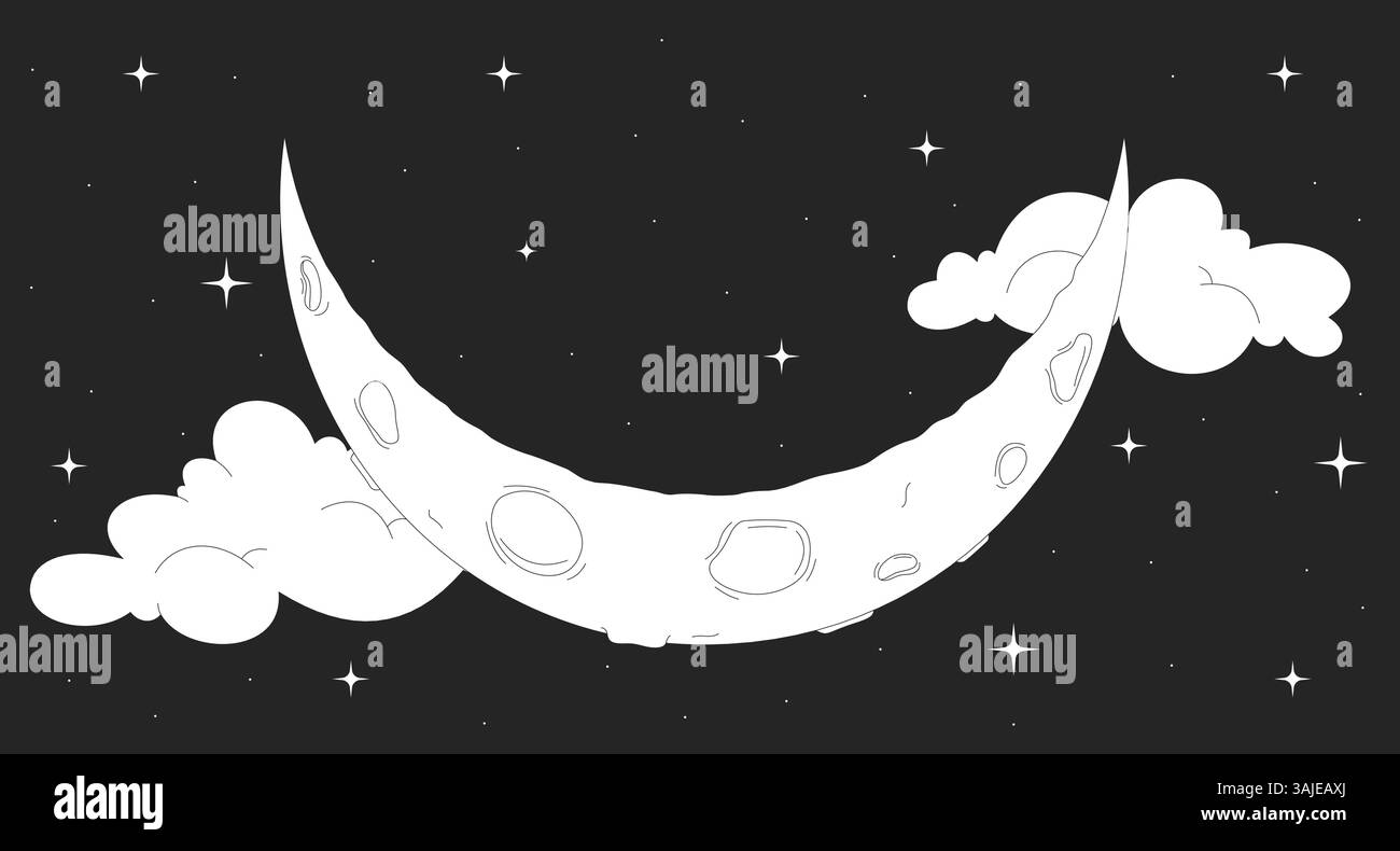 Crescent moon floating in starry night sky with clouds line ...