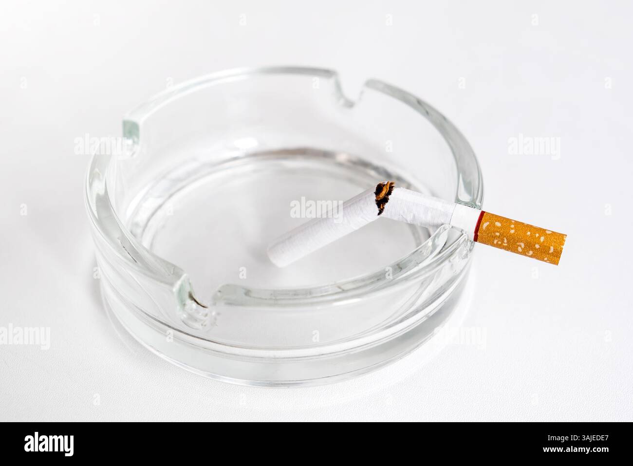 Broken Cigarette in Ashtray on the White Background closeup Stock Photo