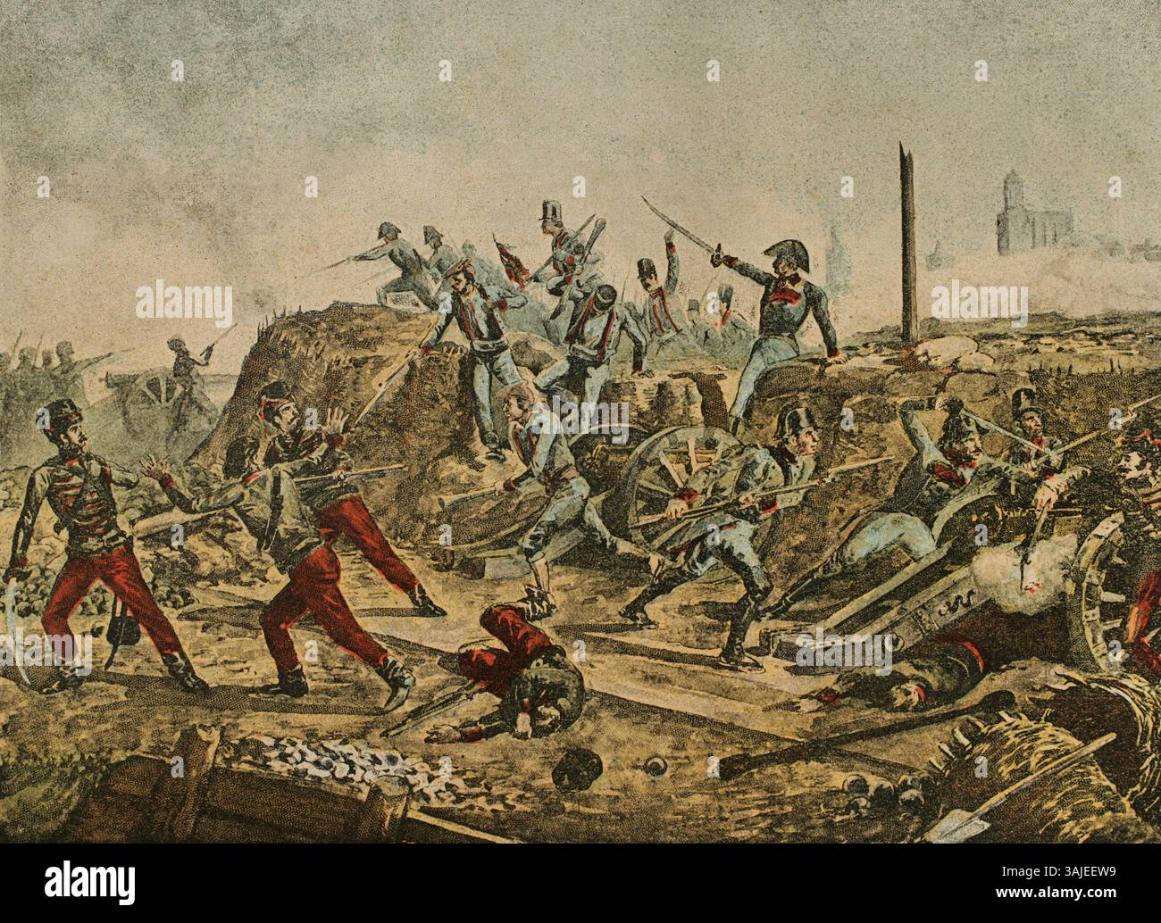 Peninsular War (1808-1814). Second siege of Gerona (24 July to 16 August 1808). In their first attempt to take the city, Duhesme's troops finally had to retreat, attacked by a Spanish army that came to the city's rescue and by a column of the besieged, who made a sortie. In the second siege, the French, commanded by General Honoré Charles Reille (1775-1860), planned a new attack but failed to take the city. The Napoleonic troops led by Guillaume Philibert Duhesme, were defeated. Sortie of the garrison of Gerona. Chromolithography. El Grito de Independencia (The scream for independence), by Car Stock Photo