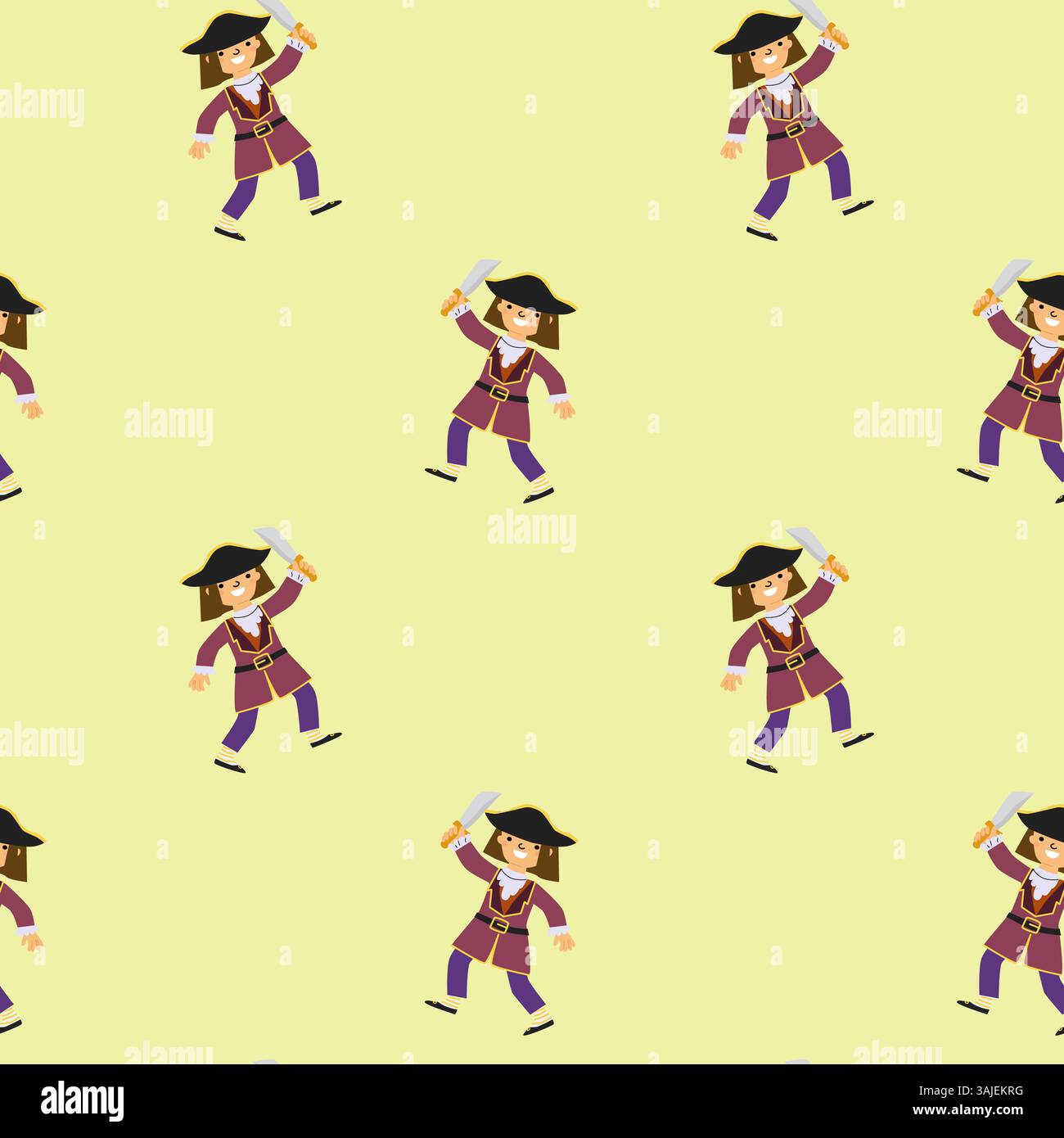 Pirate cartoon pattern on yellow background with playful characters. Stock Vector