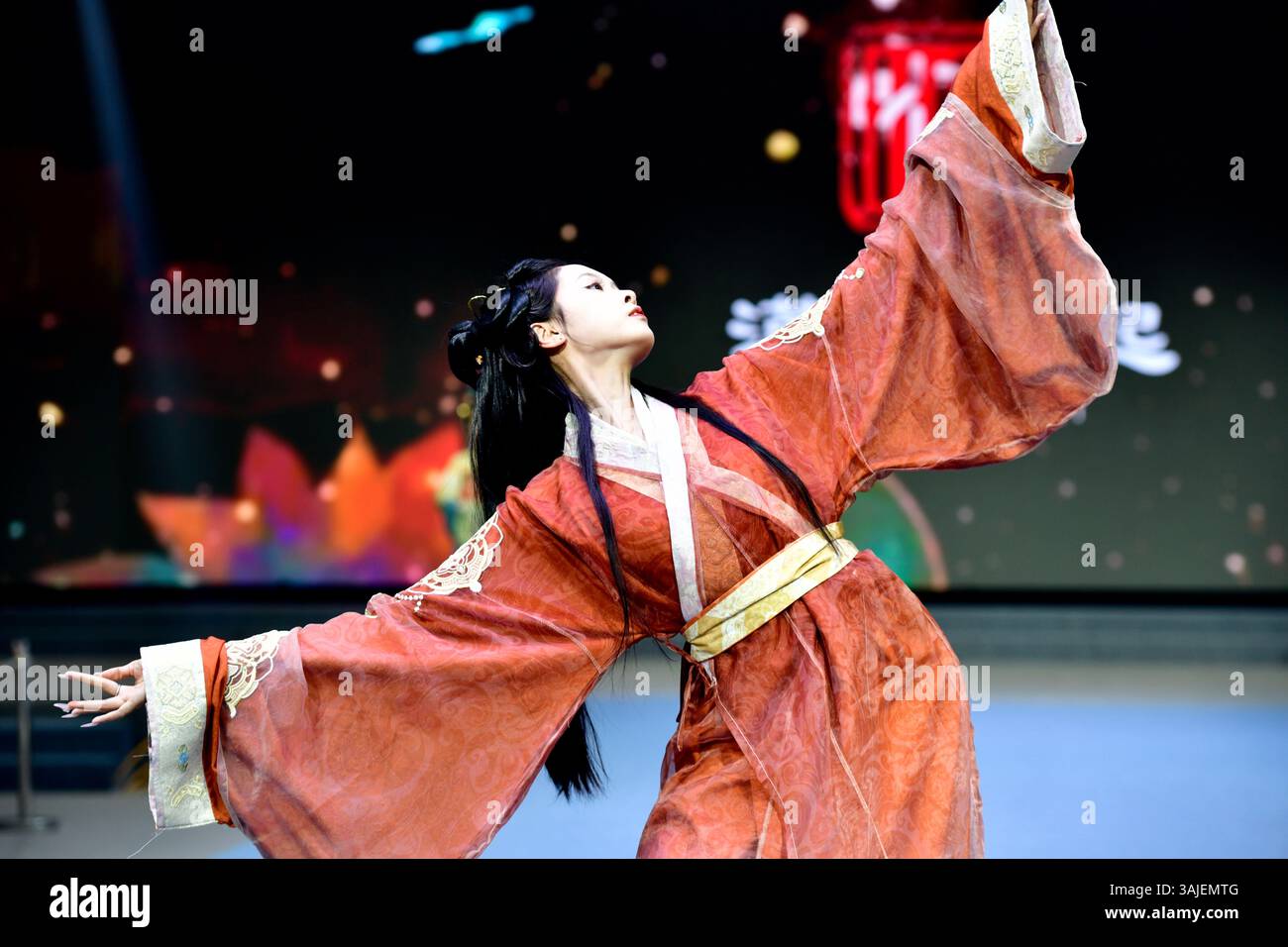 Heze, China's Shandong Province. 10th Apr, 2025. A model presents Hanfu ...