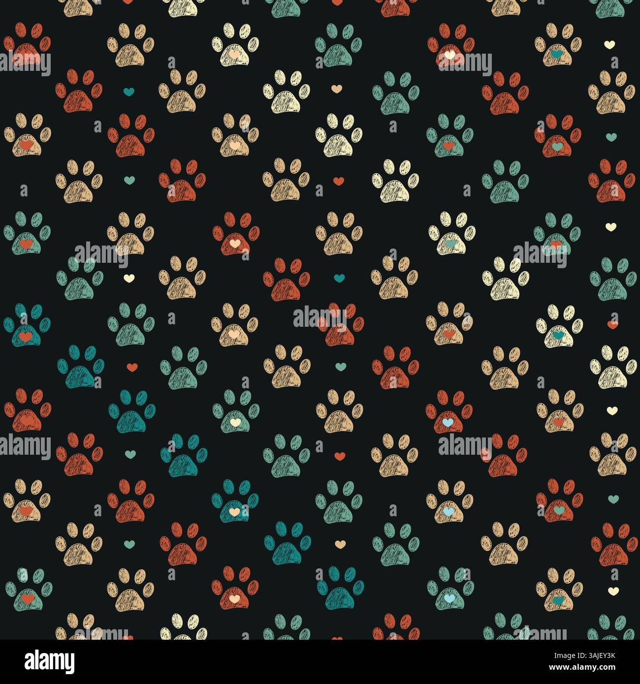 Green, orange nature colored doodle paw prints and hearts. Seamless fabric design pattern Stock Vector