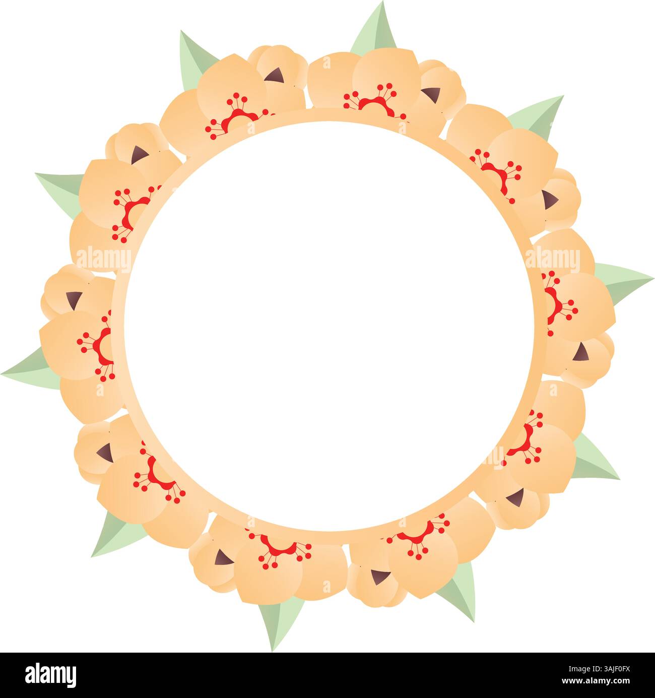 Round vector frame with flowers and leaves on the white background ...