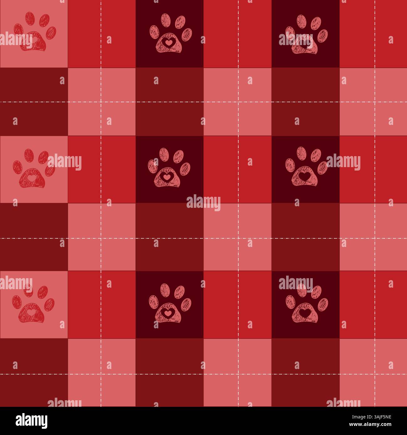 Christmas hearts pattern with paw prints plaid pattern Stock Vector