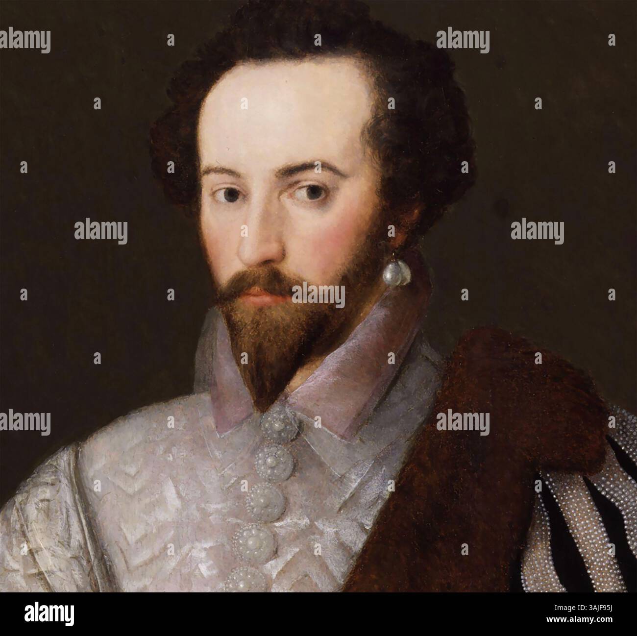 WALTER RALEIGH  (c 1553-1618) English statesman and explorer in a detail from  anonymous 1588 portrait. The original is in the National Gallery, London. Stock Photo