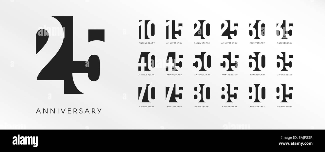 Cutout geometric anniversary numbers from 10 to 95 on bright white background. Modern universal identity for editorial, event and corporate design Stock Vector