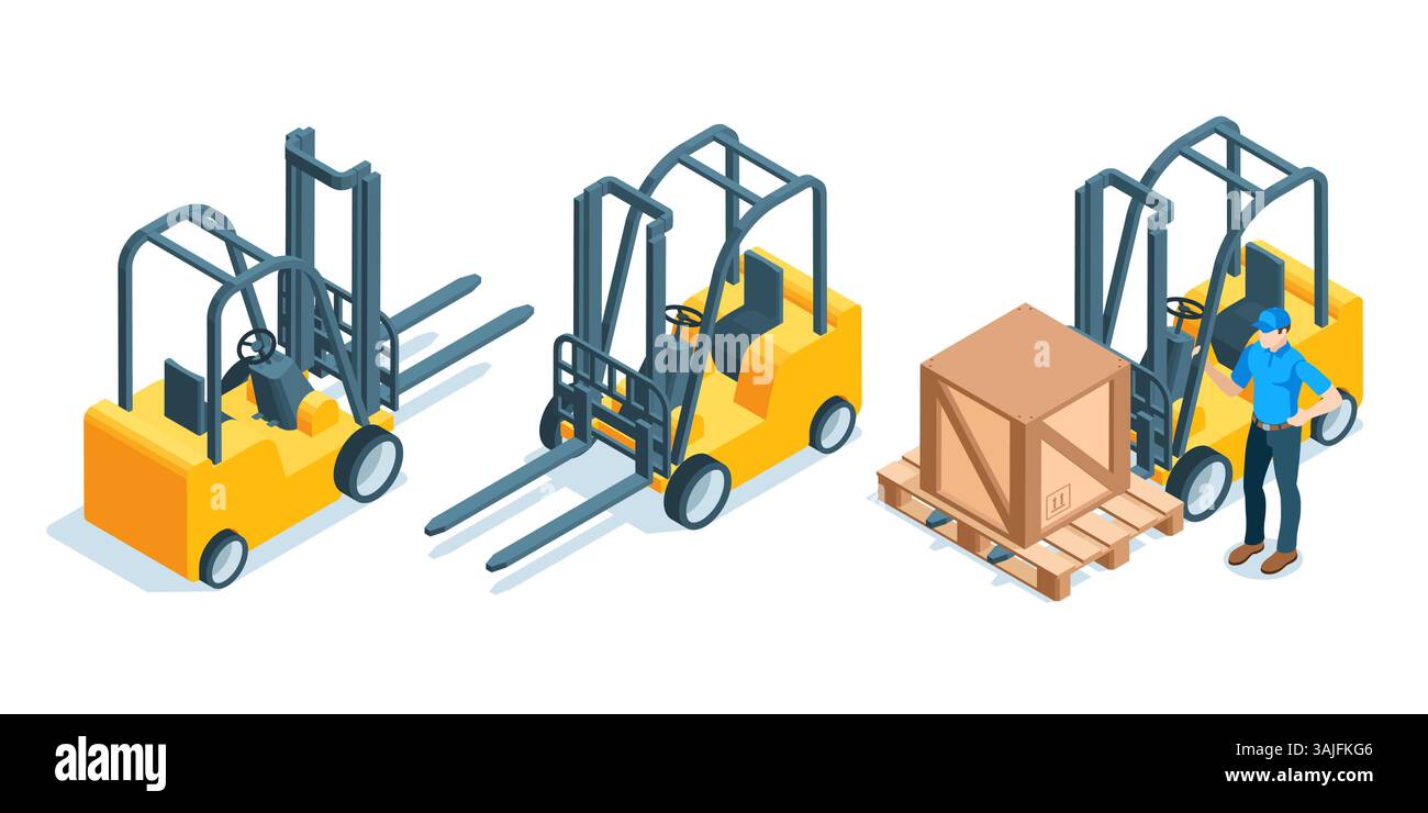 isometric vector set of forklift with pallet and box and working man ...