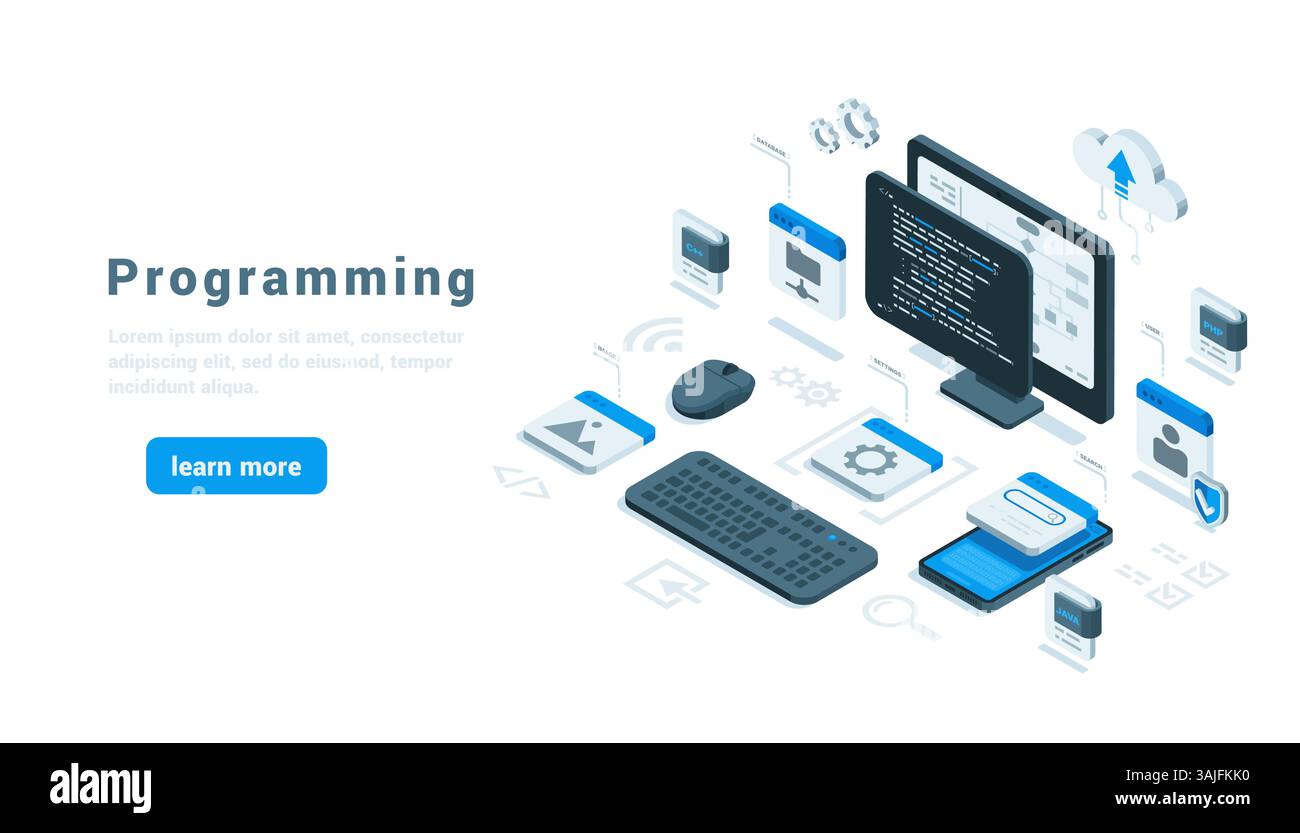 isometric computer and smartphone with a programming window and program elements, in color on a white background, programming or software development Stock Vector