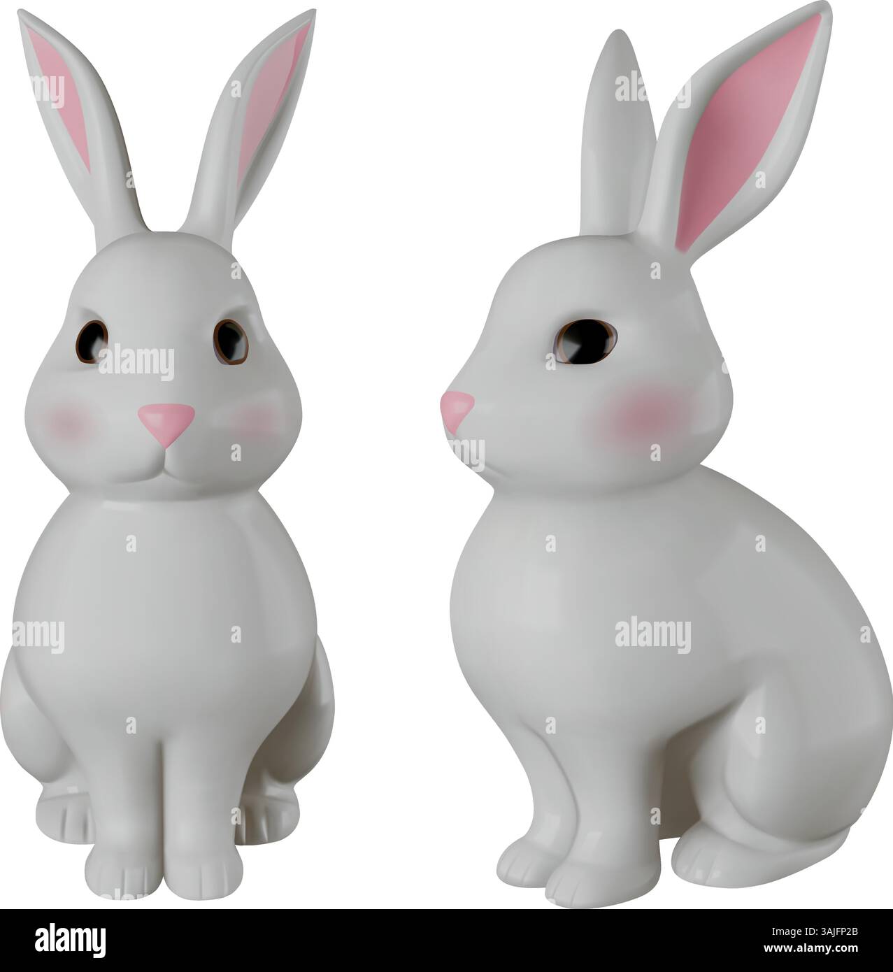 isolated 3d easter rabbit. bunny 3d realistic illustration front and side view Stock Vector