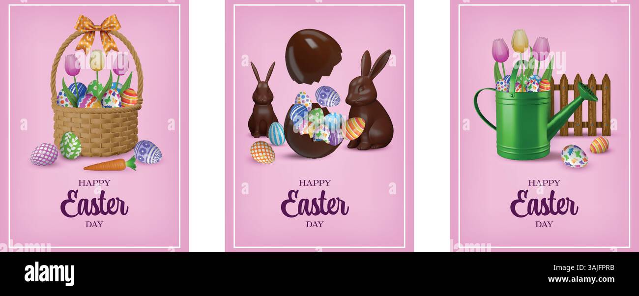 set of easter cards with wicker basket, watering can, chocolate rabbits and colorful eggs Stock Vector
