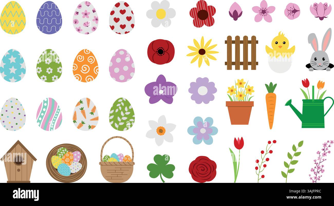 set of easter flat elements. collection of easter decorations flat illustration Stock Vector