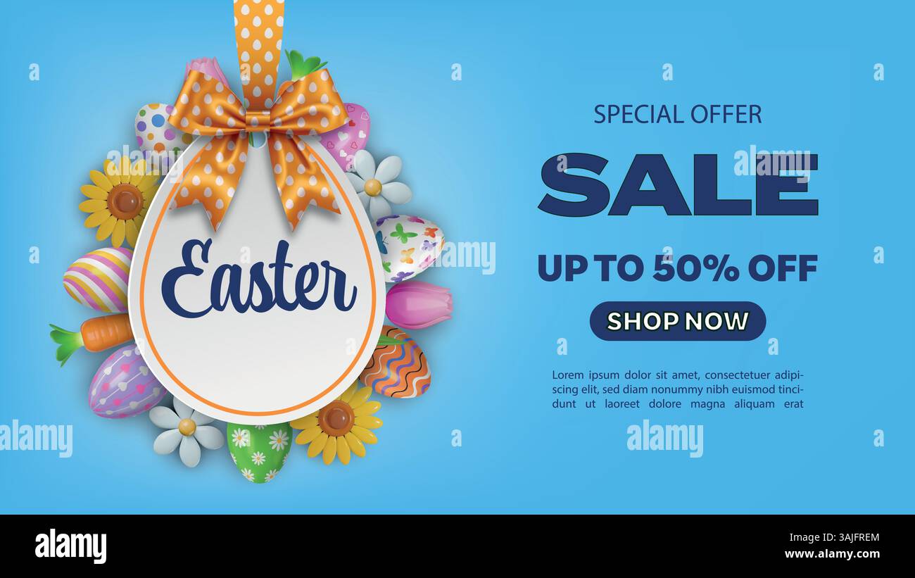 easter sale banner with egg shaped label, colorful eggs, flowers and carrots Stock Vector