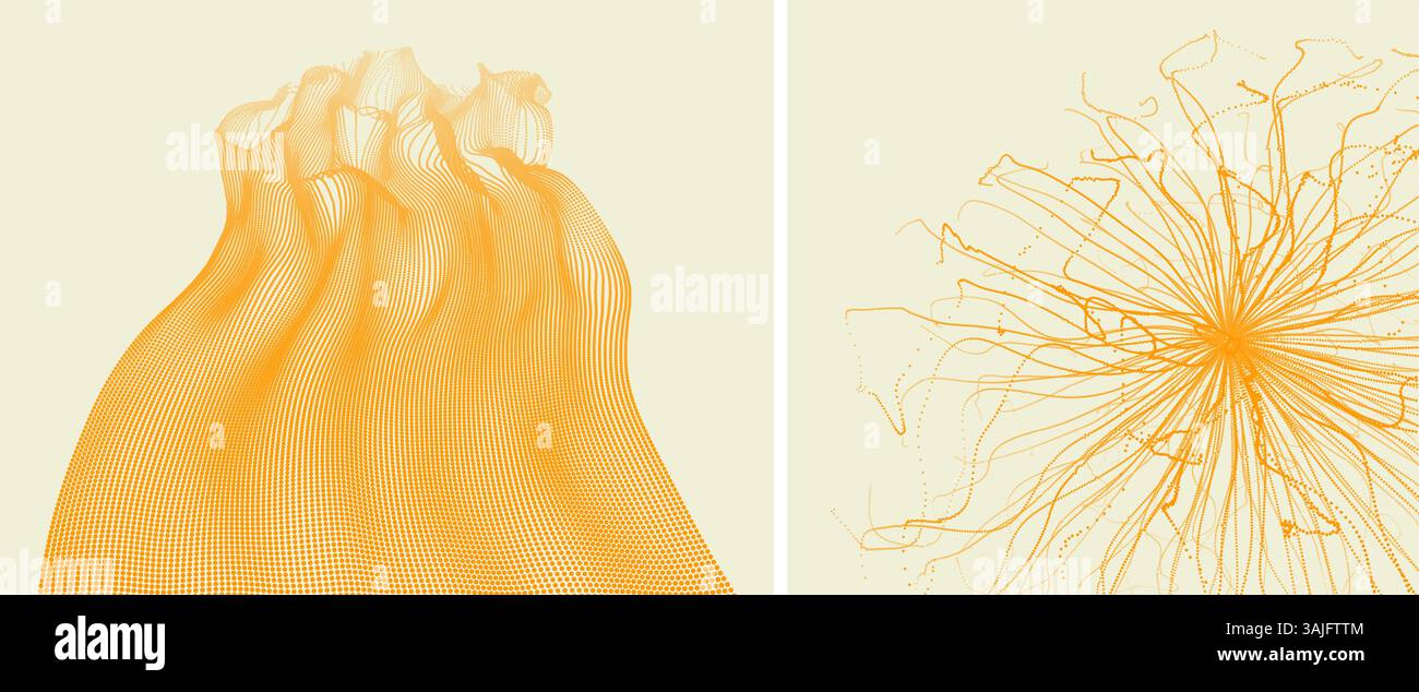 Point explode. Water splash imitation. Point explode. Array with dynamic emitted particles. Abstract background. 3D illustration for brochure, poster, Stock Vector