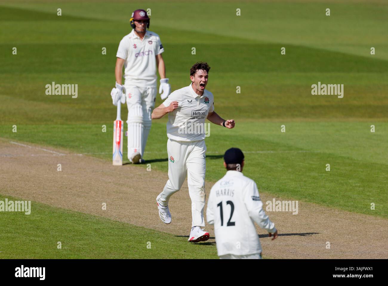 Lancashire's John Turner (centre) celebrates taking the wicket of ...