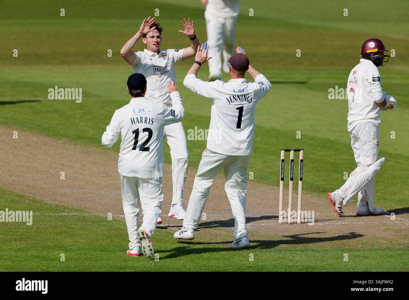 Lancashire's John Turner (top left) celebrates taking the wicket of ...
