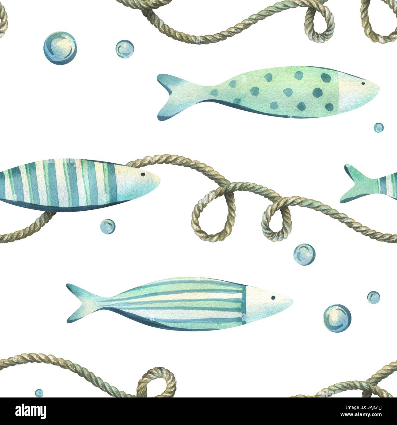 Cute decorative fish swim with bubbles and brown ropes twisted with ...