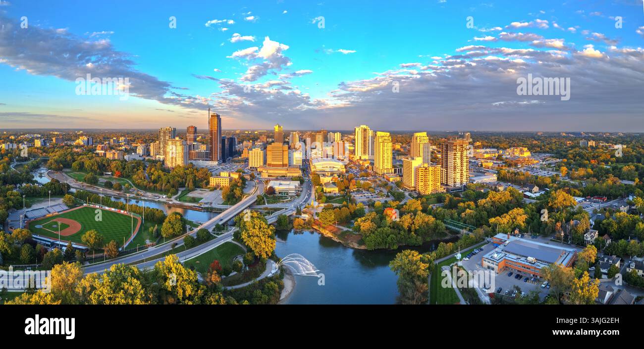 London, Ontario, Canada Skyline at blue hour on the Thames River. Stock Photo