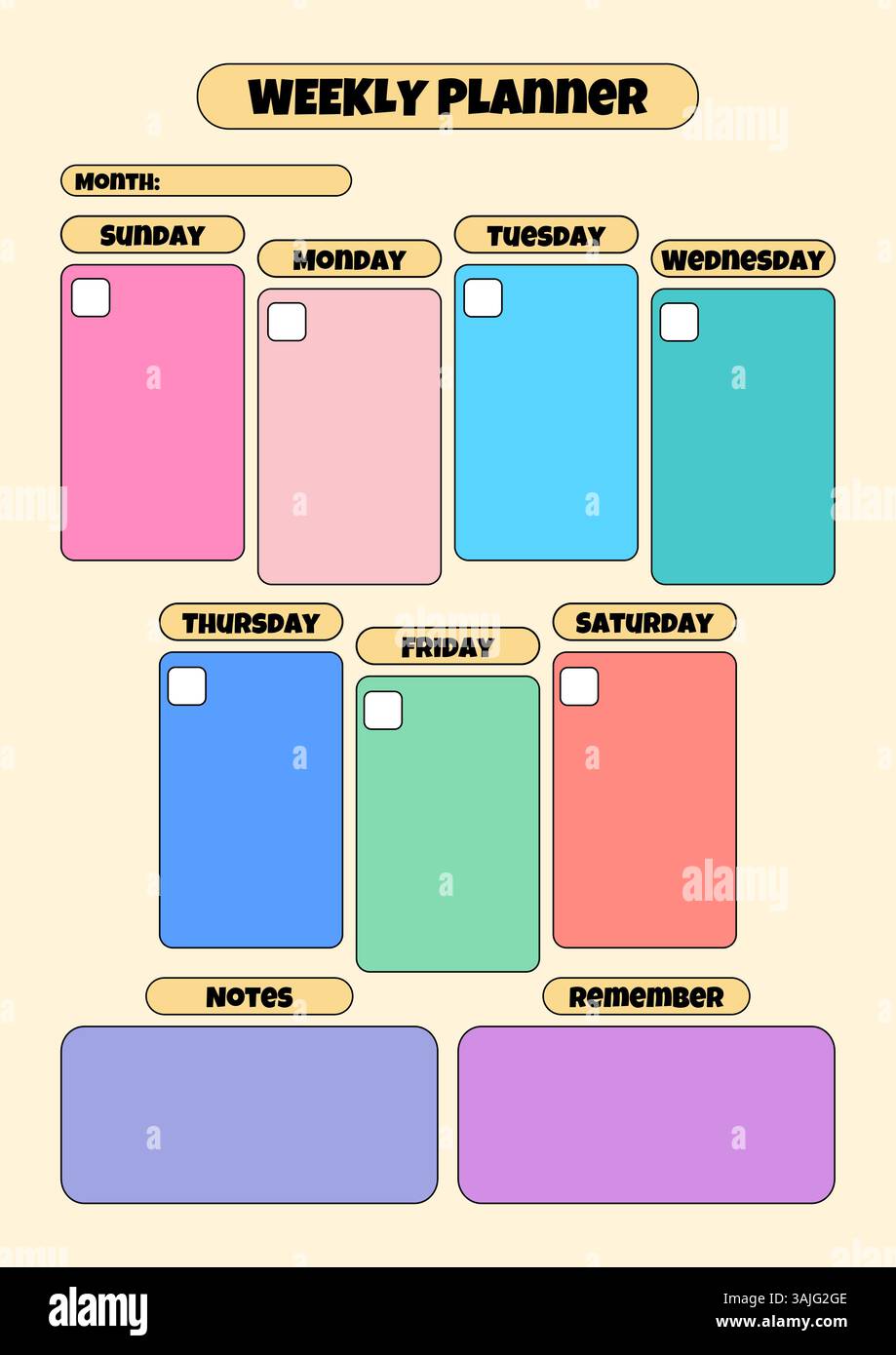 A vibrant vertical cartoon style weekly planner template with blank ...