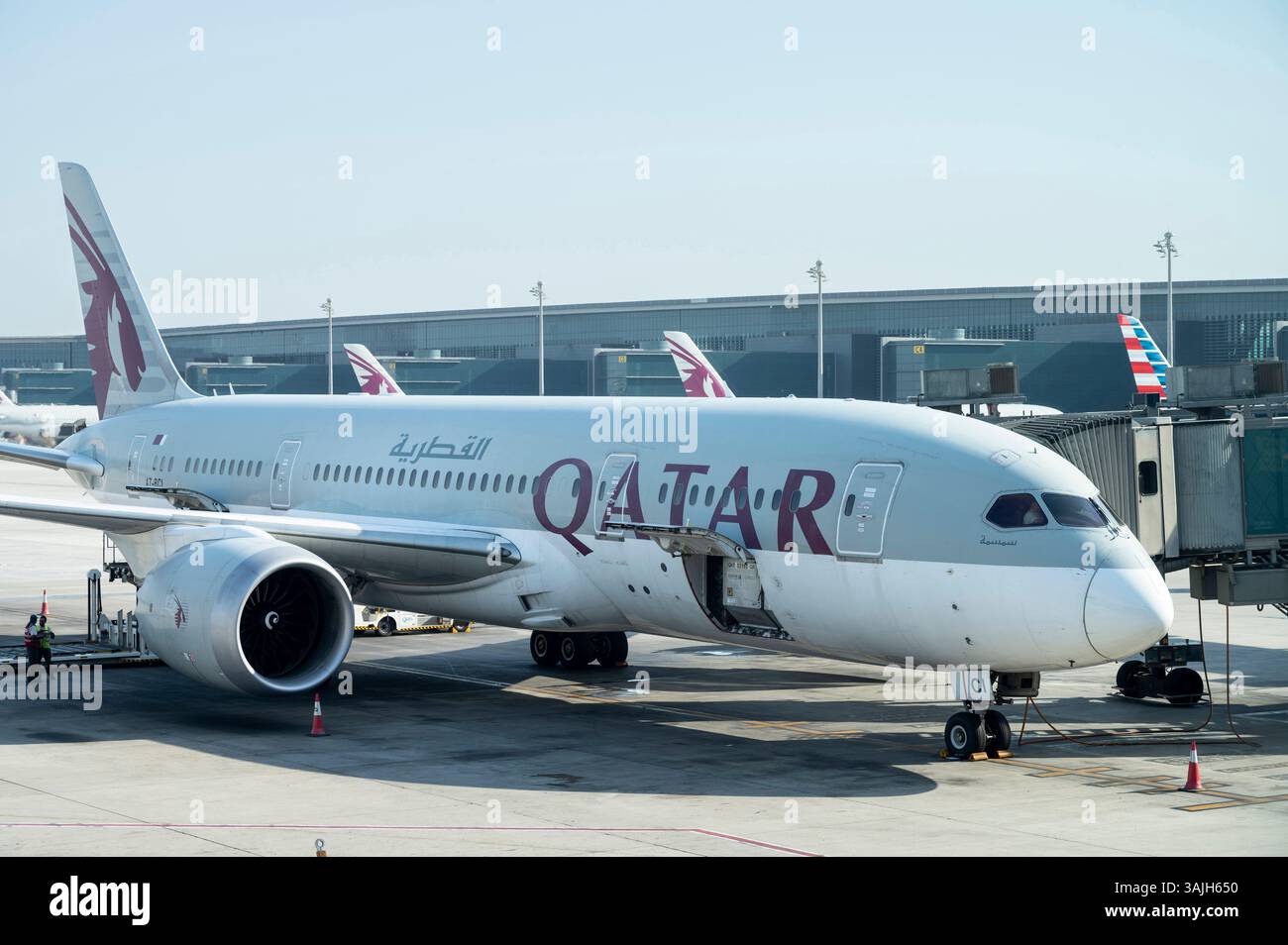 Madrid, Spain. 16th Aug, 2024. A daytime view of a Qatar Airways