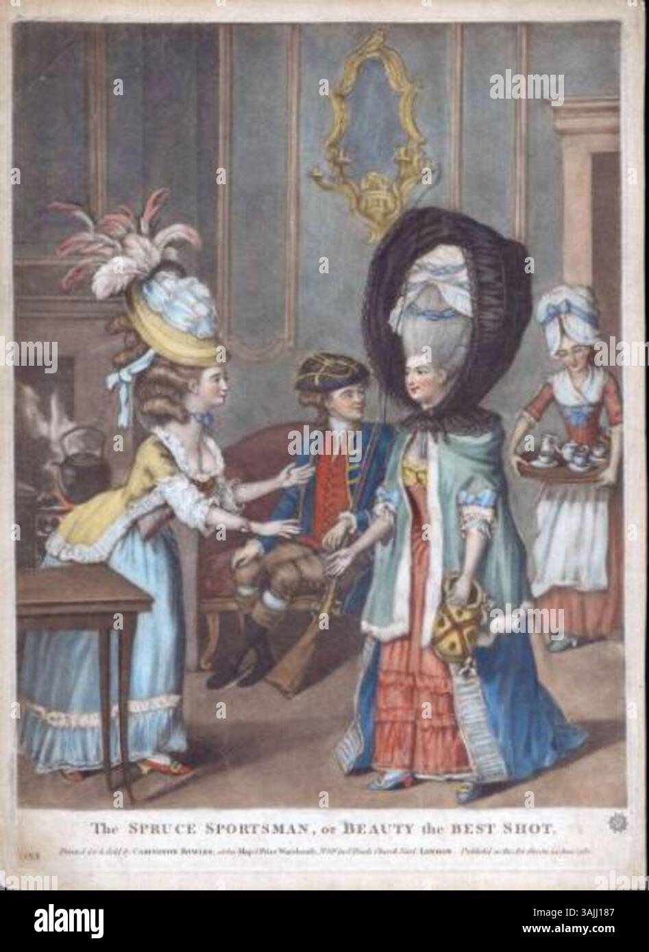 Engraving featuring two women with elaborate hairstyles, one wearing a feathered hat, the other a calash bonnet, reflecting 18th-century fashion and style. Stock Photo