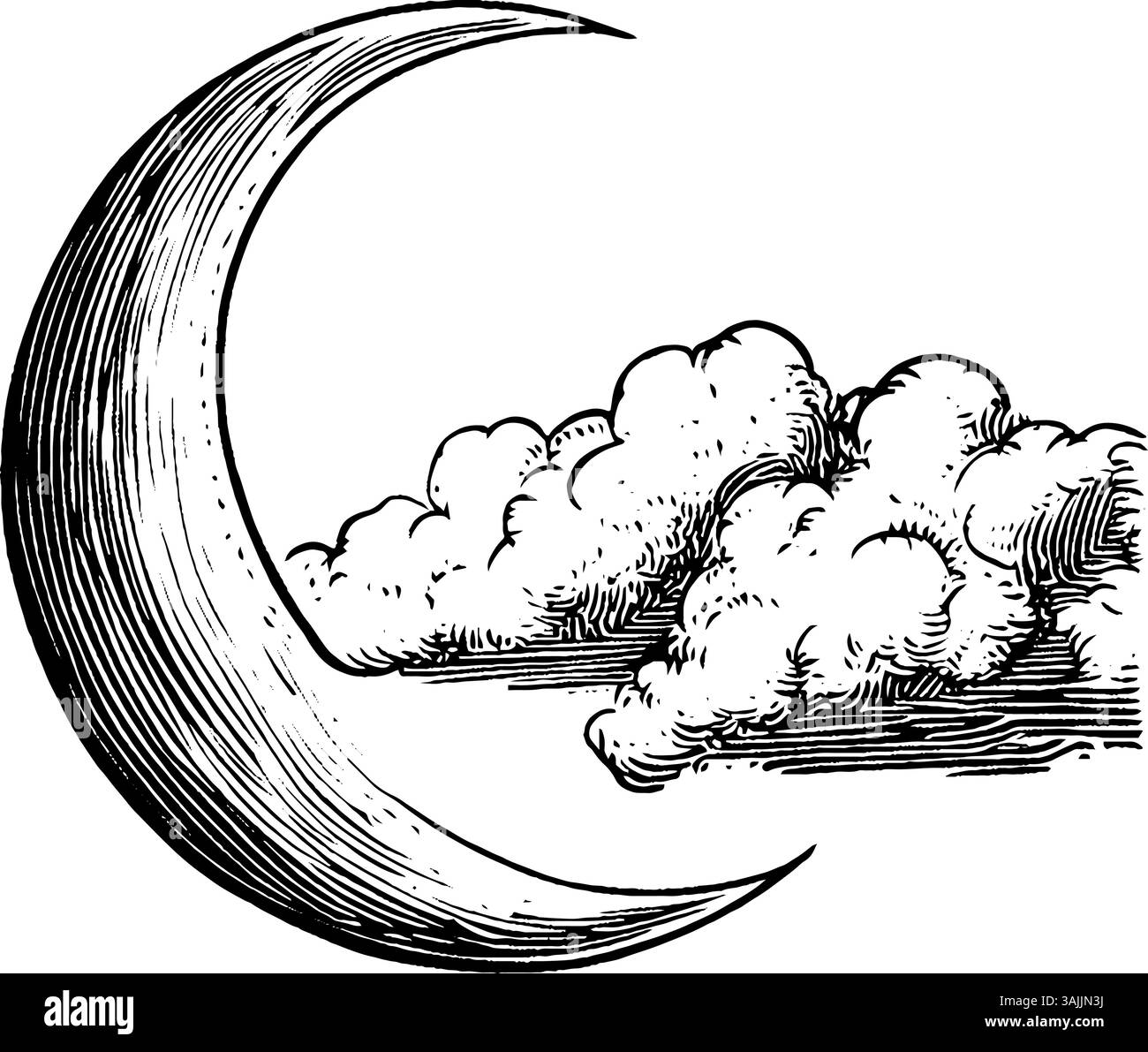 A vintage illustration of a crescent moon partially obscured by fluffy ...