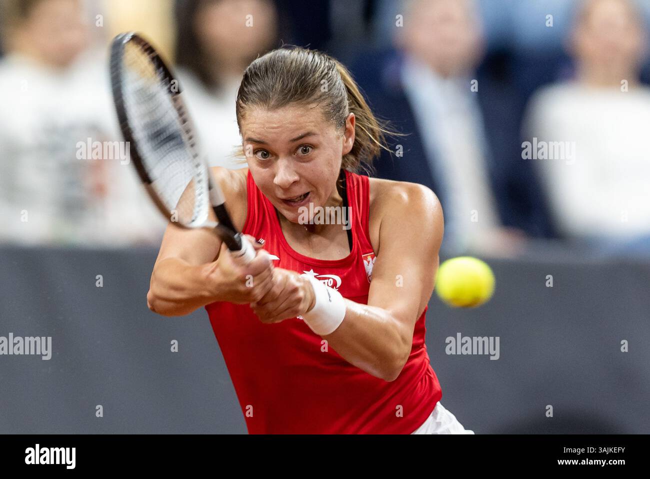Radom Sports Center, Radom, Poland. 11th Apr, 2025. Billie Jean King Cup Qualifying Tournament, Day 2; Maja Chwalinska during her loss to Elina Svitolina Credit: Action Plus Sports/Alamy Live News Stock Photo