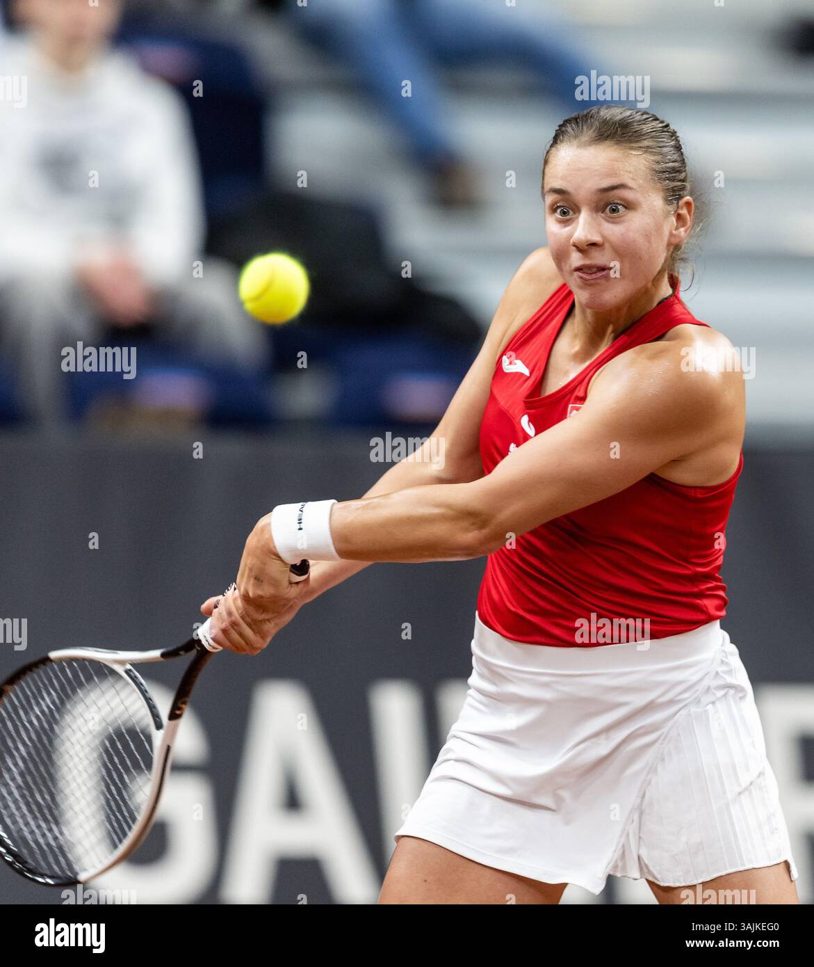 Radom Sports Center, Radom, Poland. 11th Apr, 2025. Billie Jean King Cup Qualifying Tournament, Day 2; Maja Chwalinska during her loss to Elina Svitolina Credit: Action Plus Sports/Alamy Live News Stock Photo