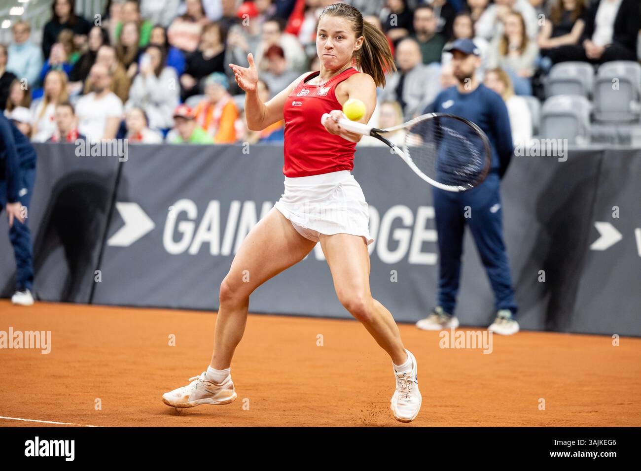Radom Sports Center, Radom, Poland. 11th Apr, 2025. Billie Jean King Cup Qualifying Tournament, Day 2; Maja Chwalinska during her loss to Elina Svitolina Credit: Action Plus Sports/Alamy Live News Stock Photo