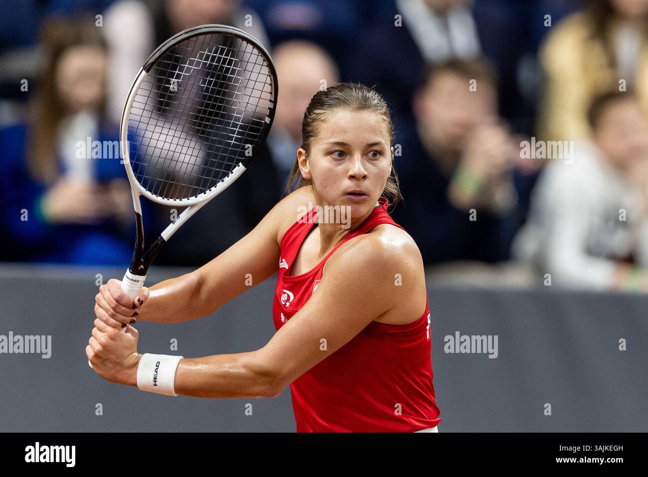 Radom Sports Center, Radom, Poland. 11th Apr, 2025. Billie Jean King Cup Qualifying Tournament, Day 2; Maja Chwalinska during her loss to Elina Svitolina Credit: Action Plus Sports/Alamy Live News Stock Photo