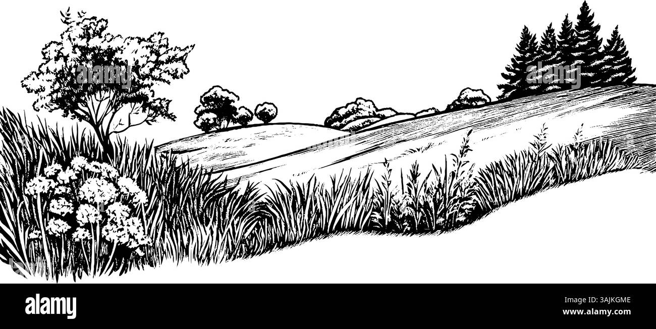 A black and white illustration of a serene landscape featuring rolling ...