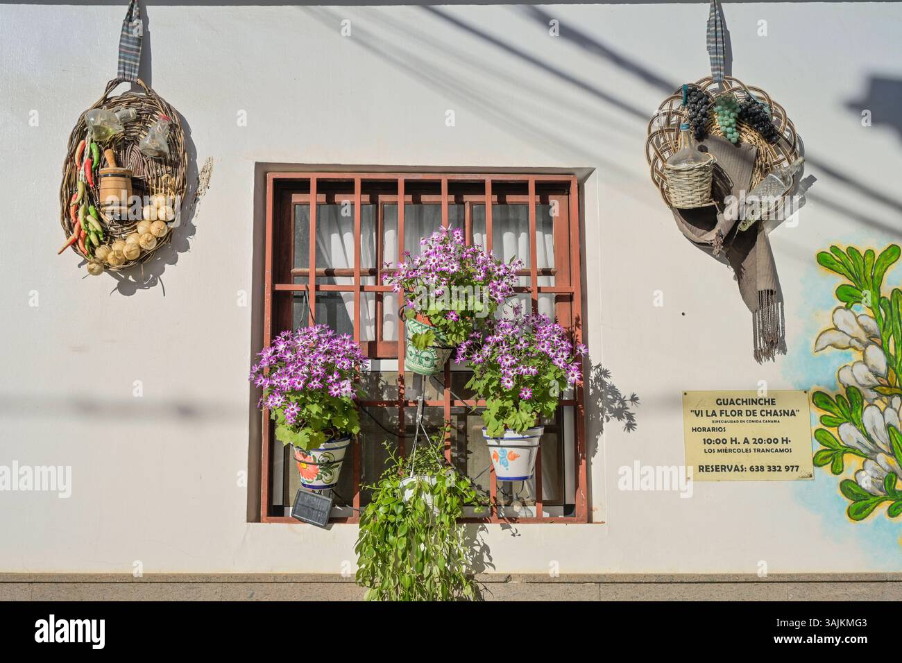 Blumen, Dekoration an einem Haus im alten Dorfkern, Zutaten für Mojo Rojo, Vilaflor, Provinz Santa Cruz de Tenerife, Teneriffa, Kanaren, Spanien *** Flowers, decoration on a house in the old village center, ingredients for Mojo Rojo, Vilaflor, Province of Santa Cruz de Tenerife, Tenerife, Canary Islands, Spain Stock Photo