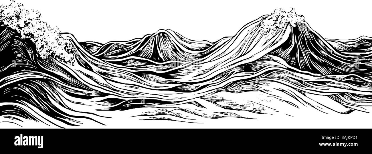 A stylized black and white illustration of ocean waves, featuring ...