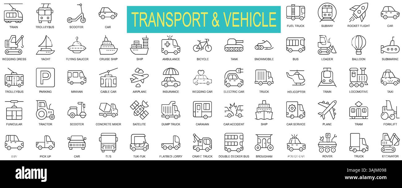 Transport and Vehicle Line Icon Set – Cars, Ships, Aircraft, and More ...