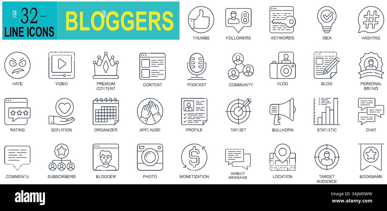Blogger line icons set. Containing influencer, content, creation, like, vlogging, blog, vlogger, social media, followers and more. Stock Vector