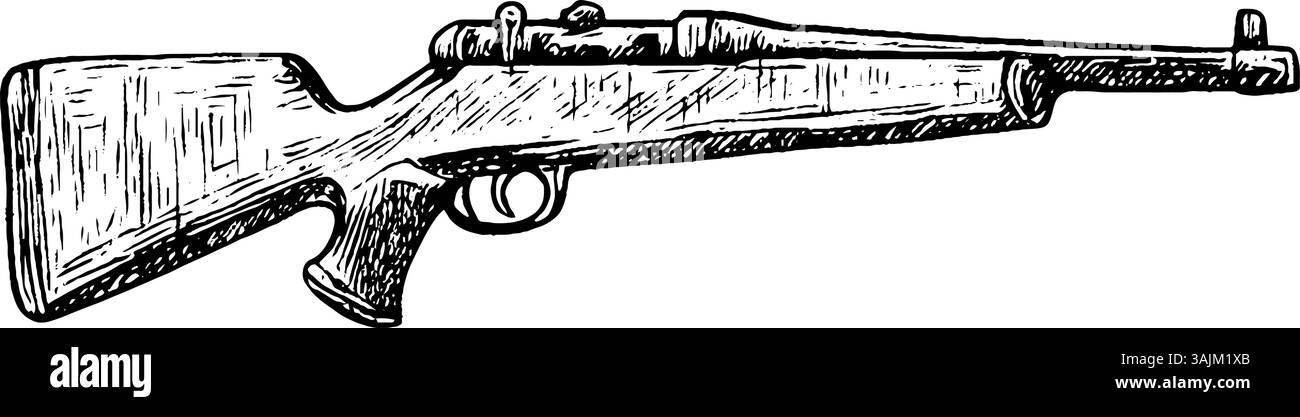 A detailed illustration of a vintage rifle, showcasing its wooden stock ...